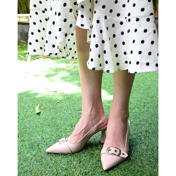 Apricot Women Slingback Kitten Heels Pointed Toe Pumps Shoes with Buckle Strap - Picture 4 of 10